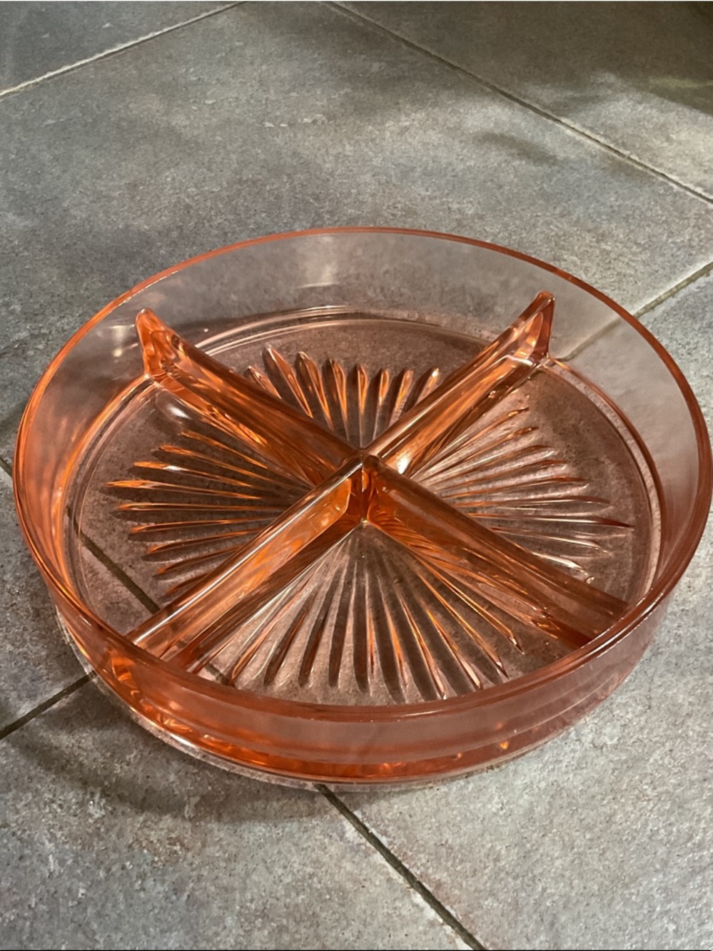 Vintage Pink/Peach Glass Divided Serving Dish with Brass Carrier - Picture 4 of 7